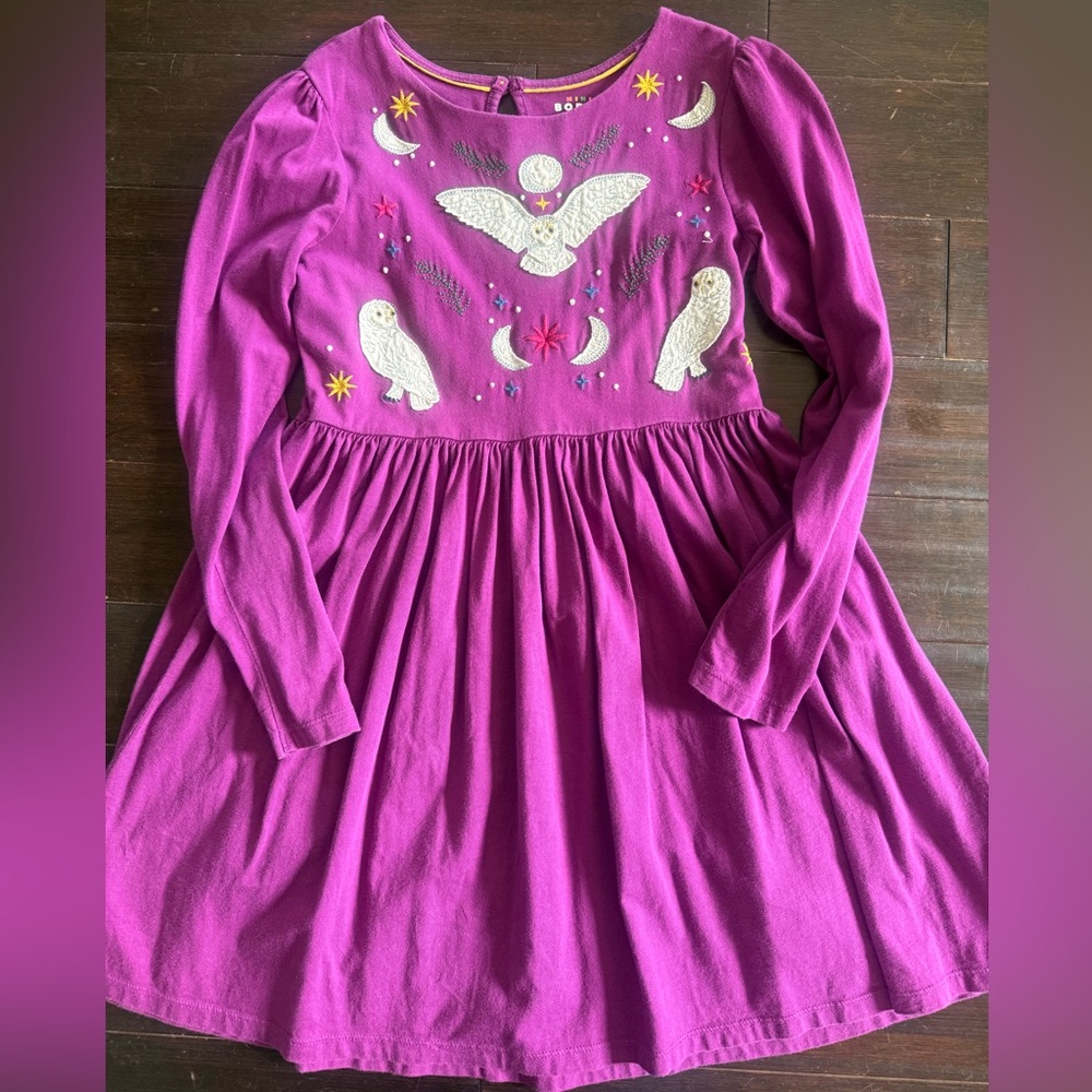 Mini Boden Purple Owl Long Sleeve Dress with Embroidered Design